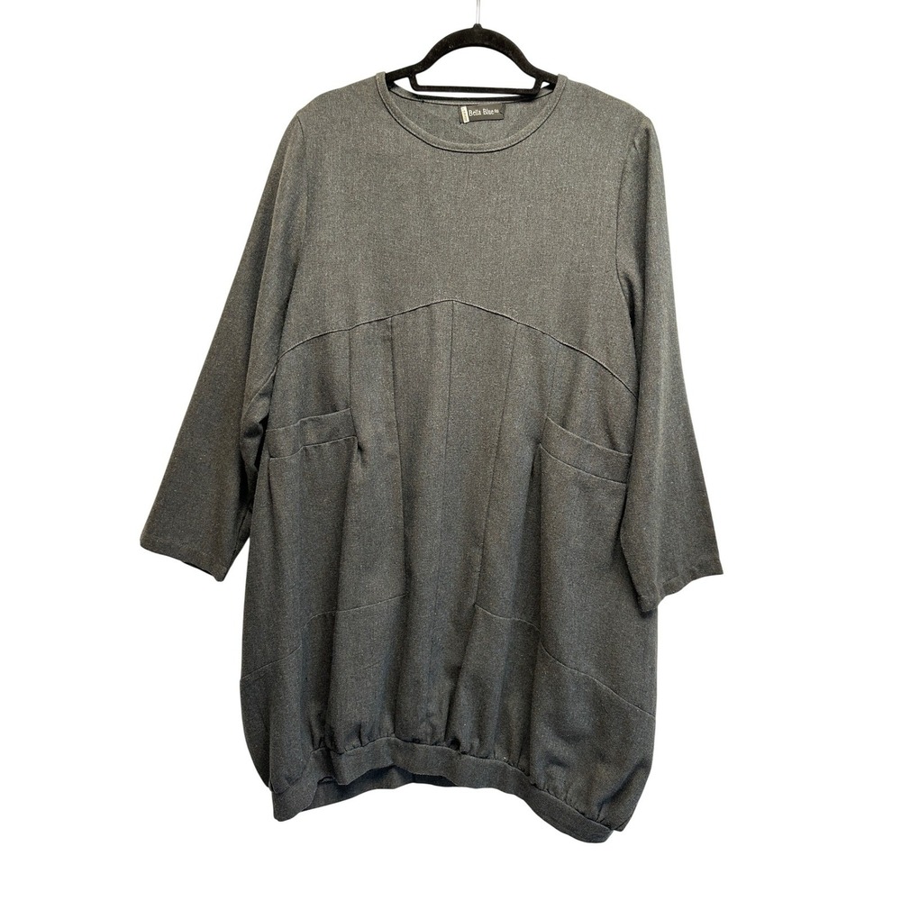 Vintage Bella Blue Women's Grey Tunic Dress 3/4 Sleeve Bubble Hem Pockets Size L